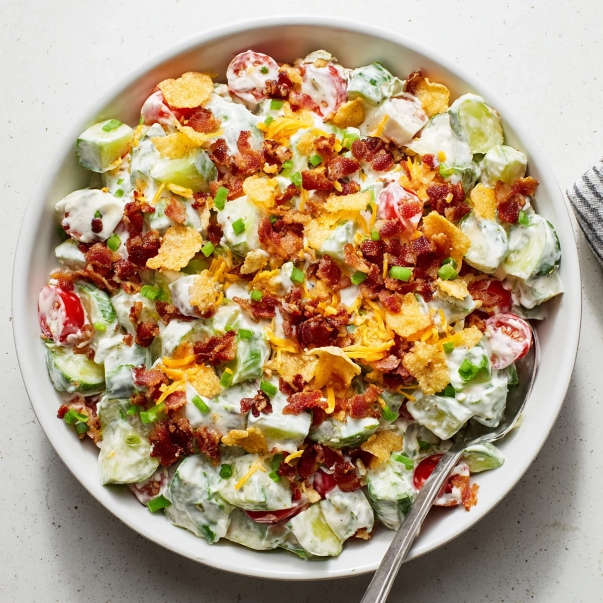 Summer potluck salad featuring crisp cucumbers topped with crushed potato chips and savory bacon crumbles