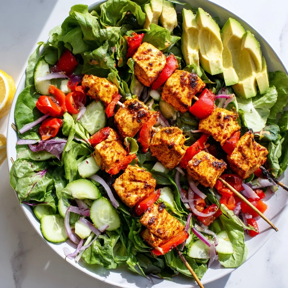 Colorful BBQ chicken skewer salad with grilled chicken, fresh vegetables, and tangy lemon dressing