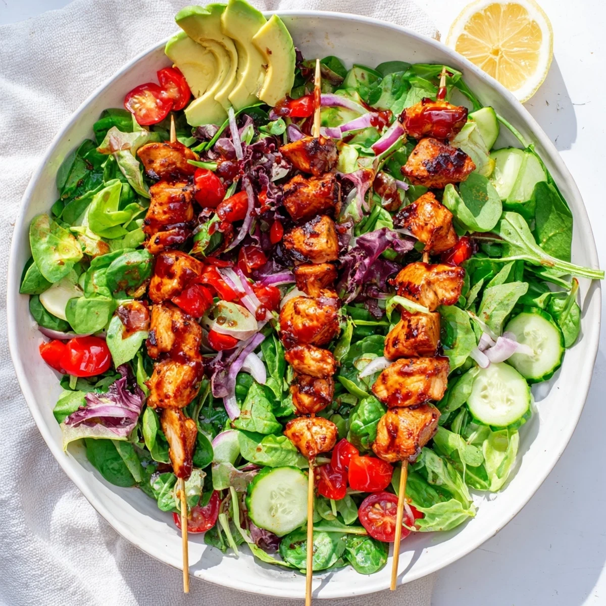 Hearty BBQ chicken skewer salad served over mixed greens with colorful veggies and homemade vinaigrette