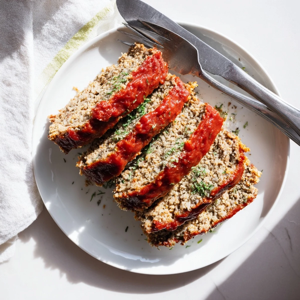 Golden brown Parmesan crusted turkey meatloaf sliced on a white serving plate