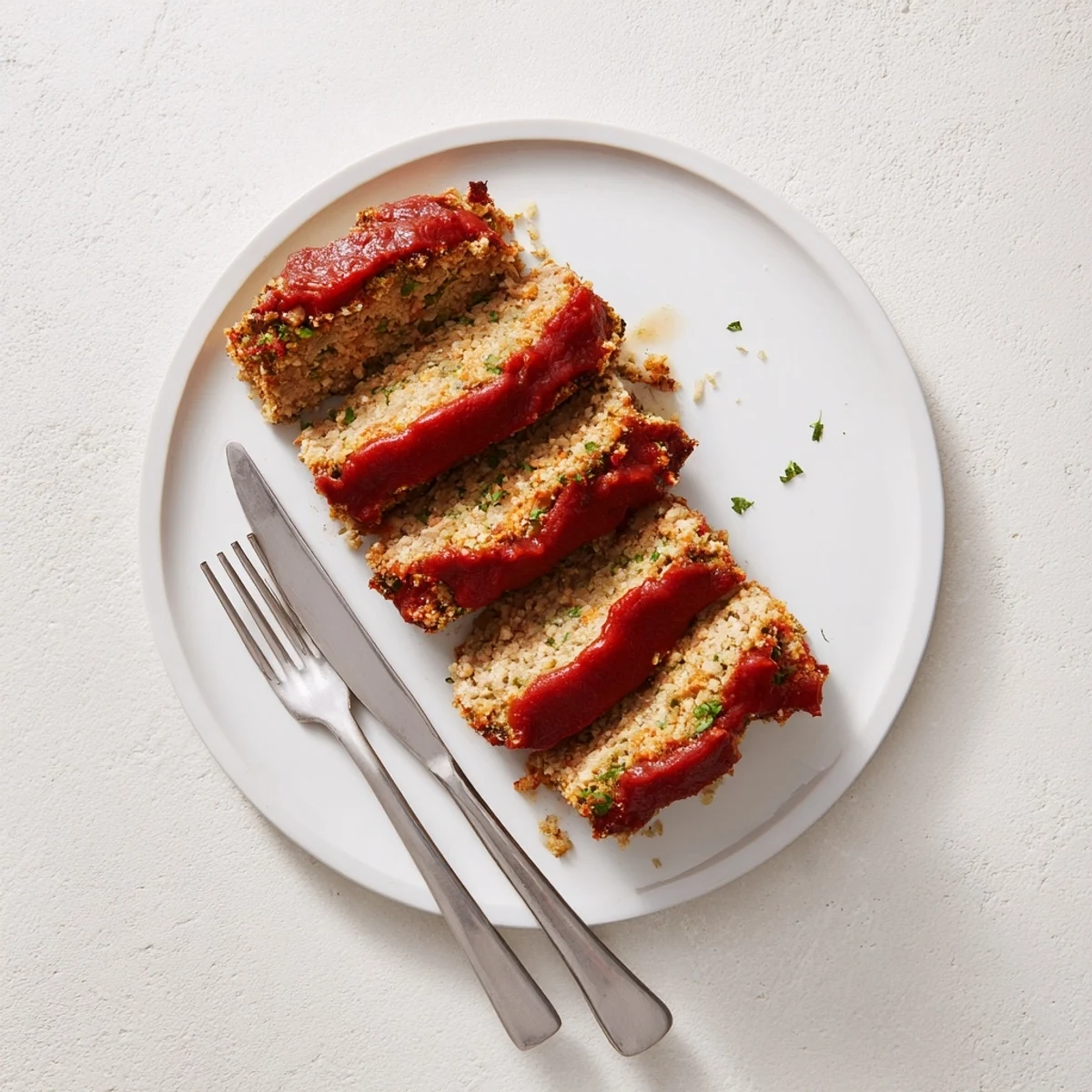 Homemade Parmesan crusted turkey meatloaf recipe with crispy breadcrumb topping garnished with parsley