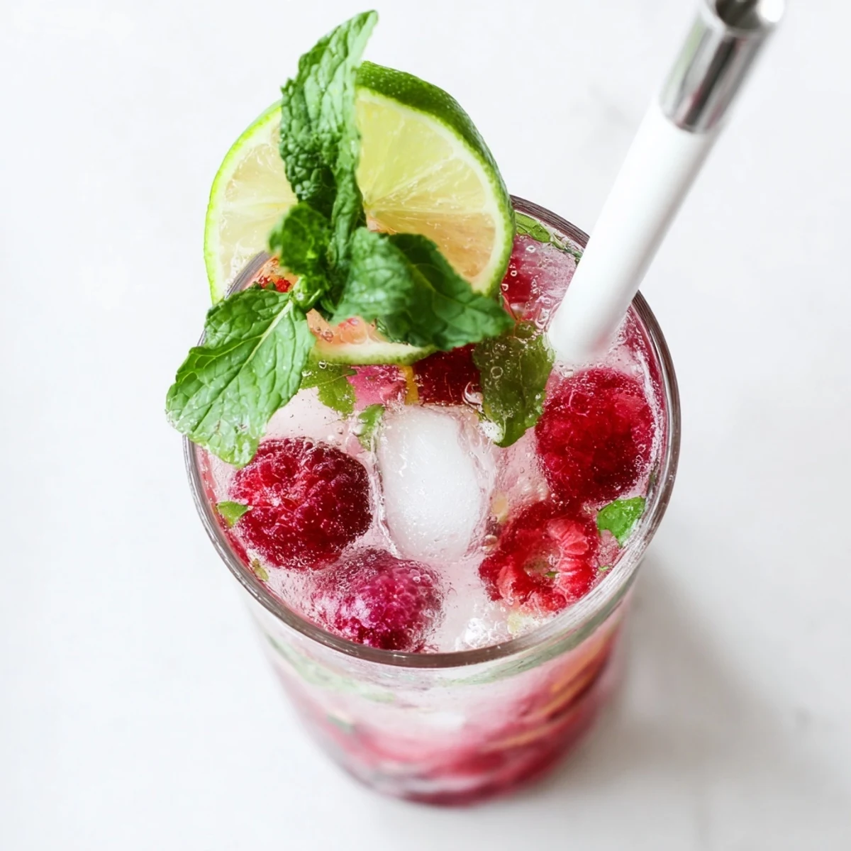 Tall glass of raspberry mint mojito rebel float with pink fizzy soda swirling around vanilla ice cream scoop