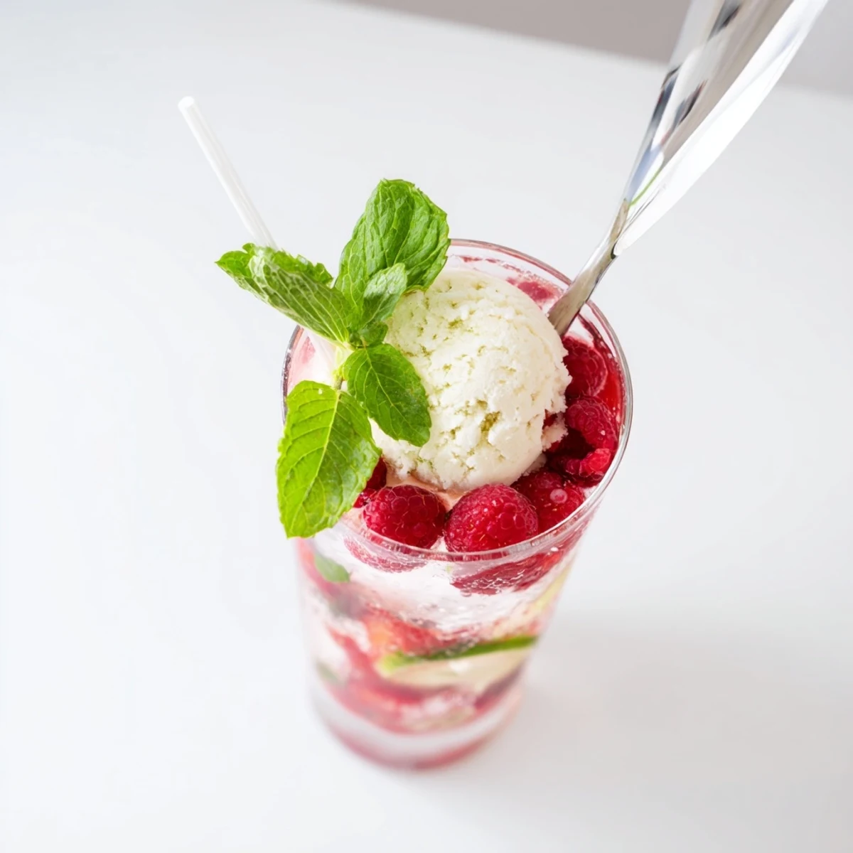 Summer drink featuring raspberry mint mojito rebel float topped with fresh mint sprig and plump red raspberries