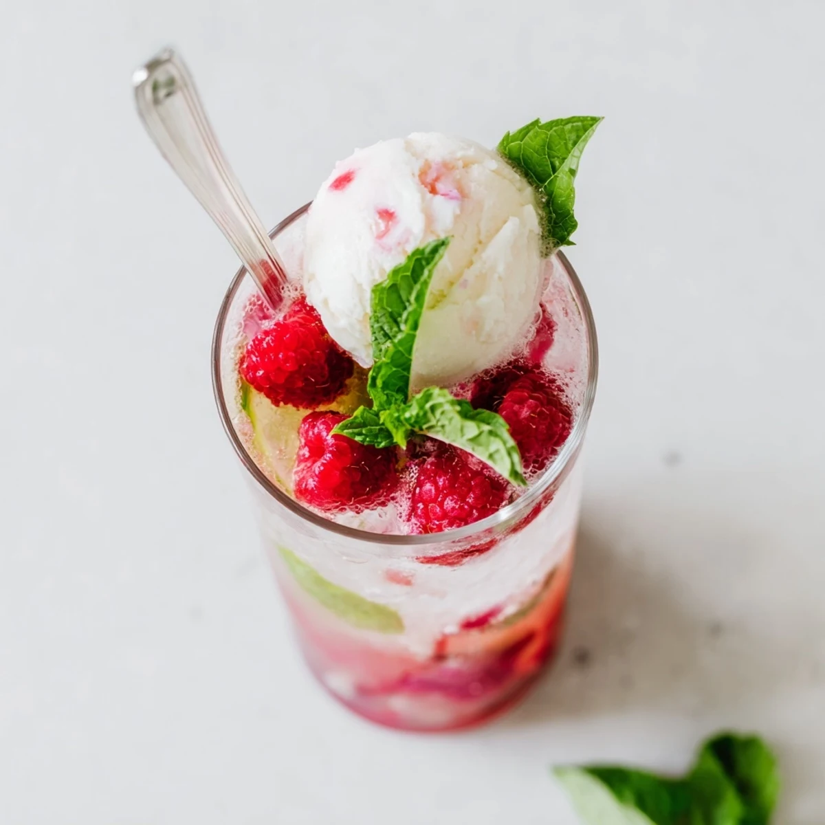 Creamy vanilla ice cream floating in raspberry mint mojito rebel float with layered red berry soda and lime garnish