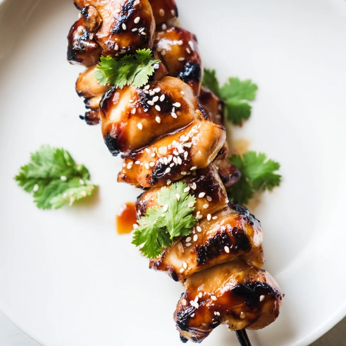Golden grilled spicy honey garlic chicken skewers with charred edges and fresh cilantro garnish
