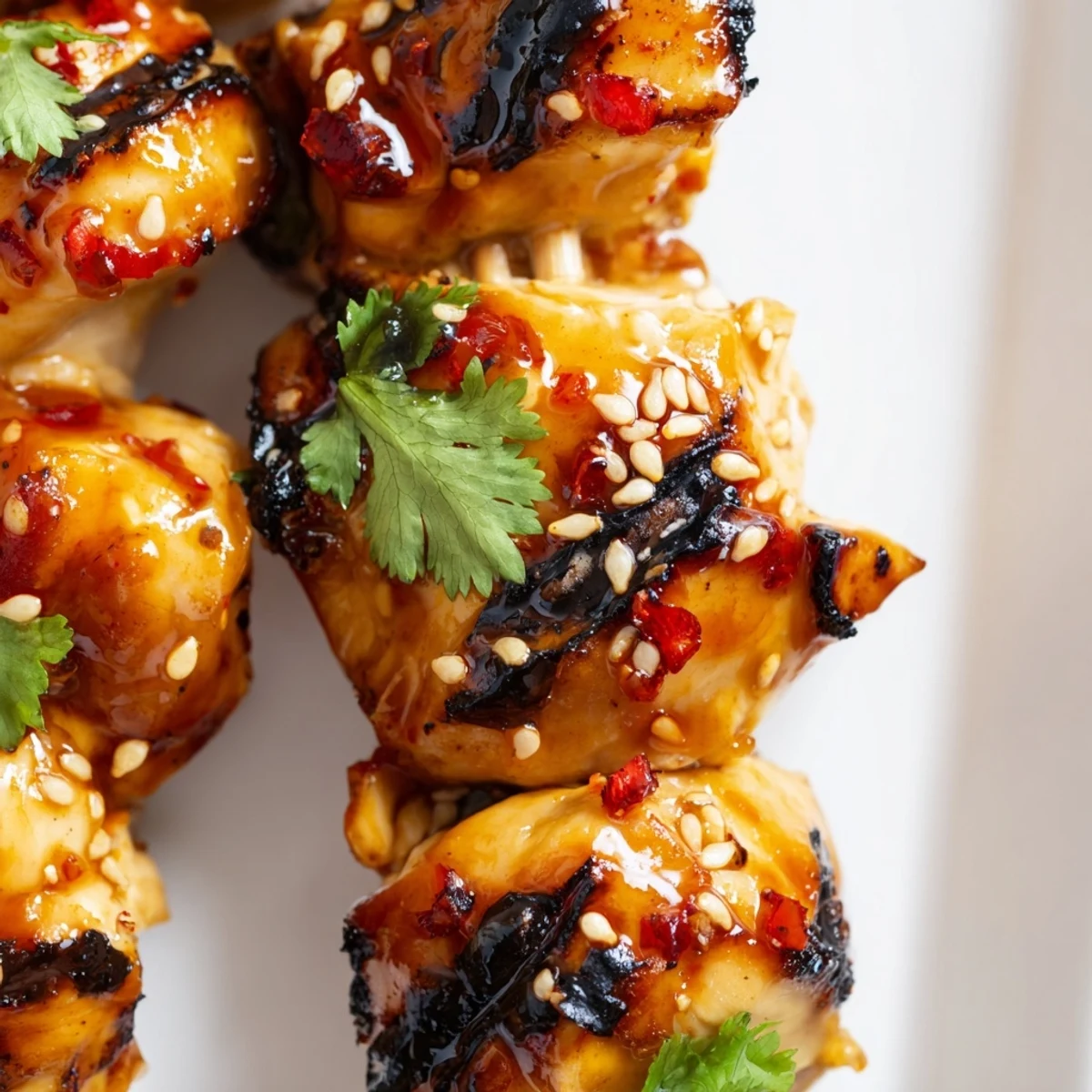 Juicy chicken kabobs glazed in honey garlic chili sauce served on a white plate