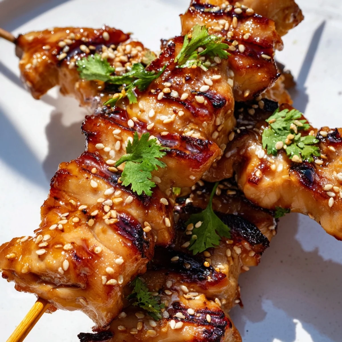 Plate of spicy honey garlic chicken skewers sprinkled with sesame seeds and lime wedges