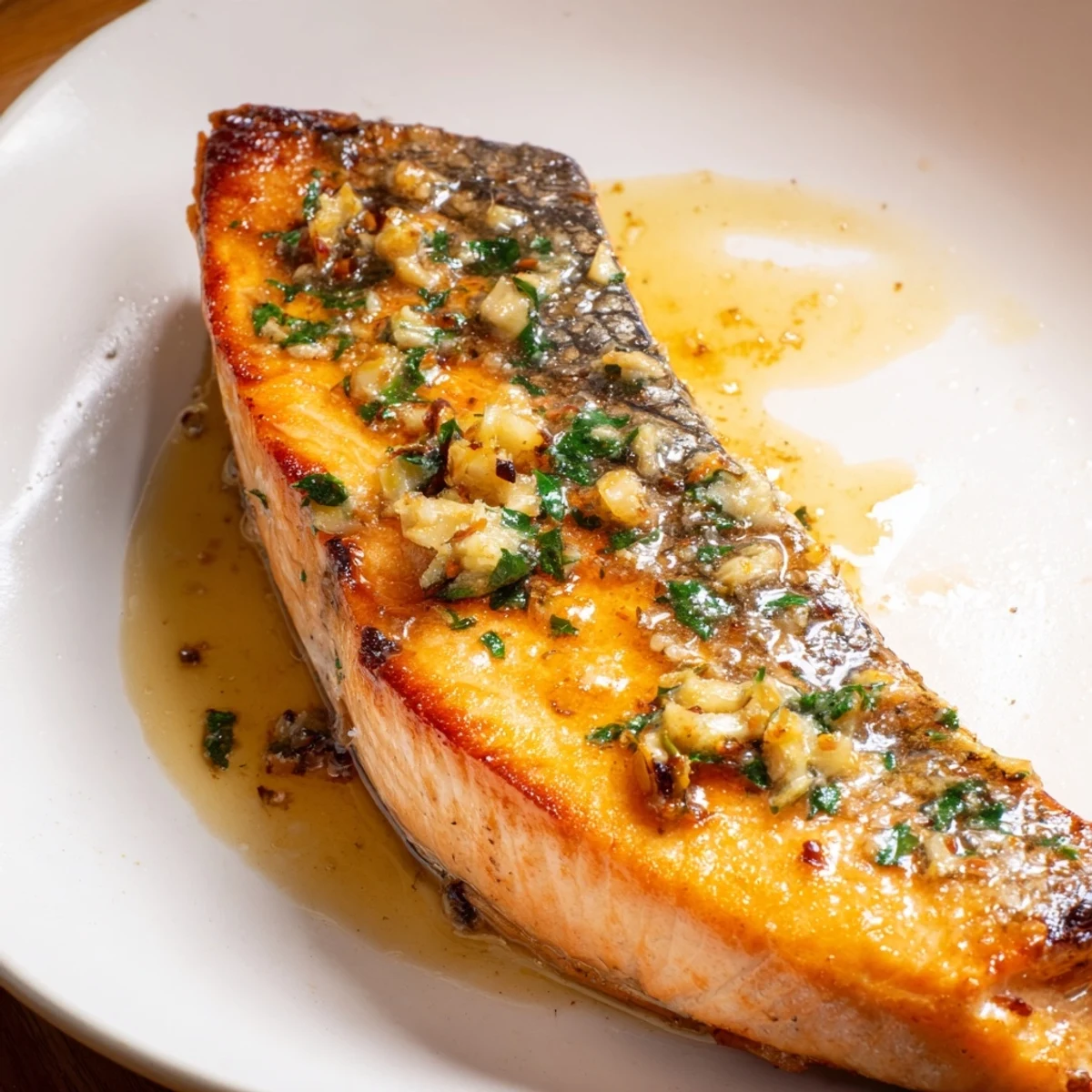 Golden pan seared salmon fillets with crispy skin glistening with garlic butter sauce