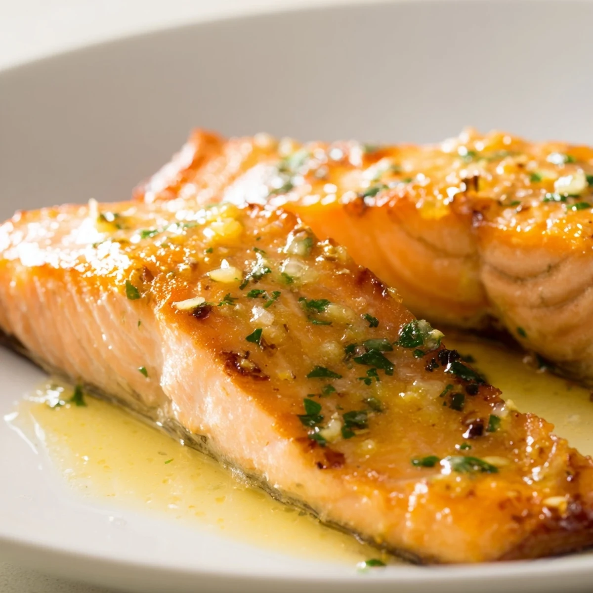 Restaurant-worthy pan seared salmon topped with melted garlic butter and fresh parsley garnish