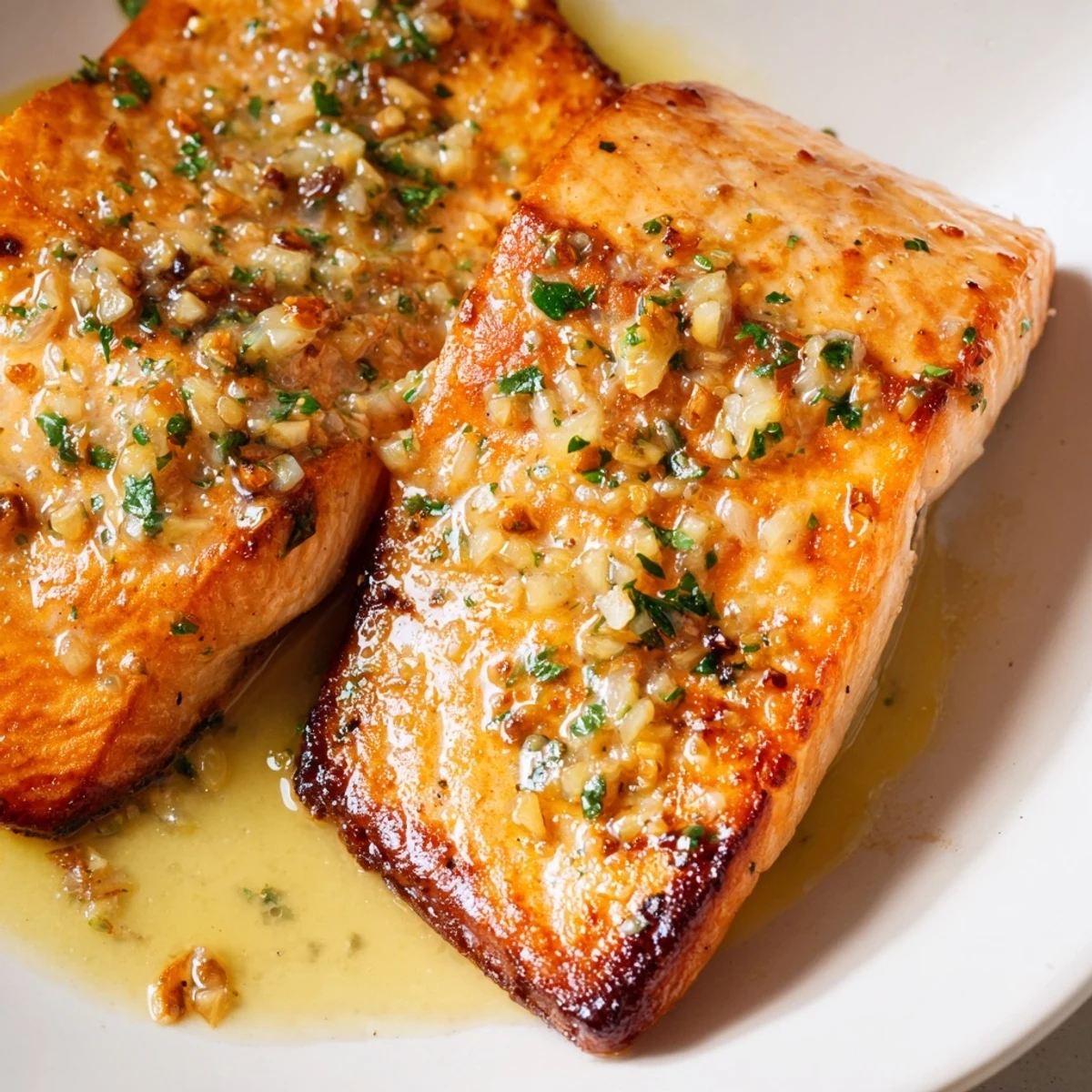 Crispy skinned salmon fillets drizzled with luscious garlic butter sauce served with lemon wedges