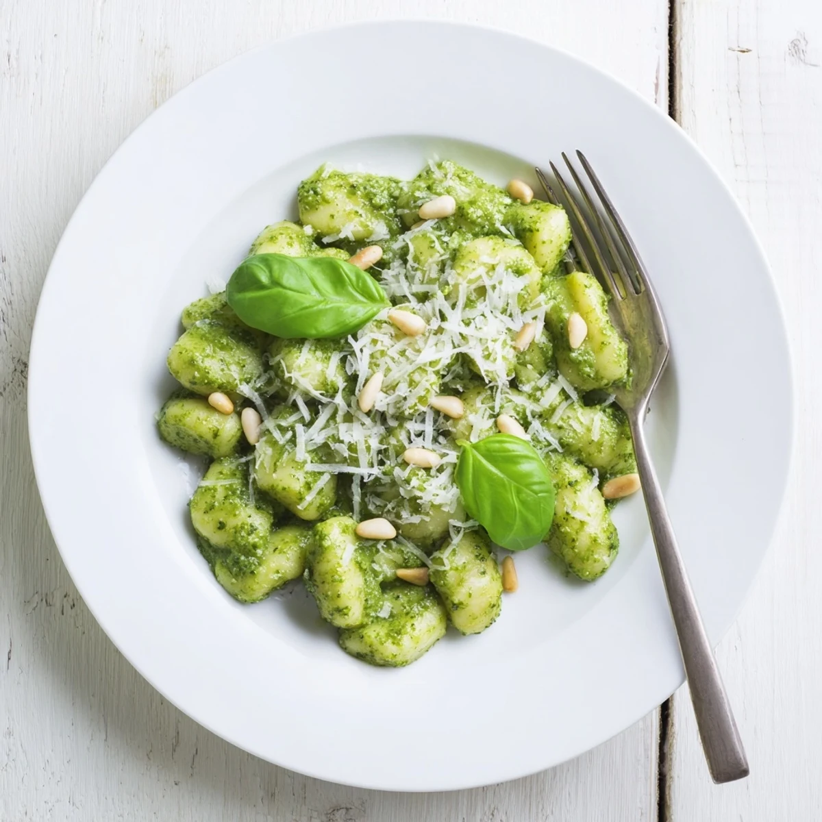 Golden potato gnocchi coated in vibrant green basil pesto sauce with parmesan garnish