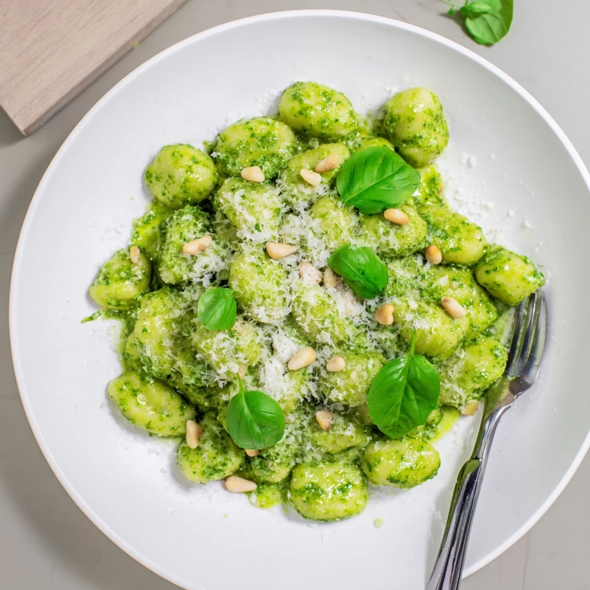 Italian pesto gnocchi dish featuring fluffy potato dumplings in bright green homemade sauce