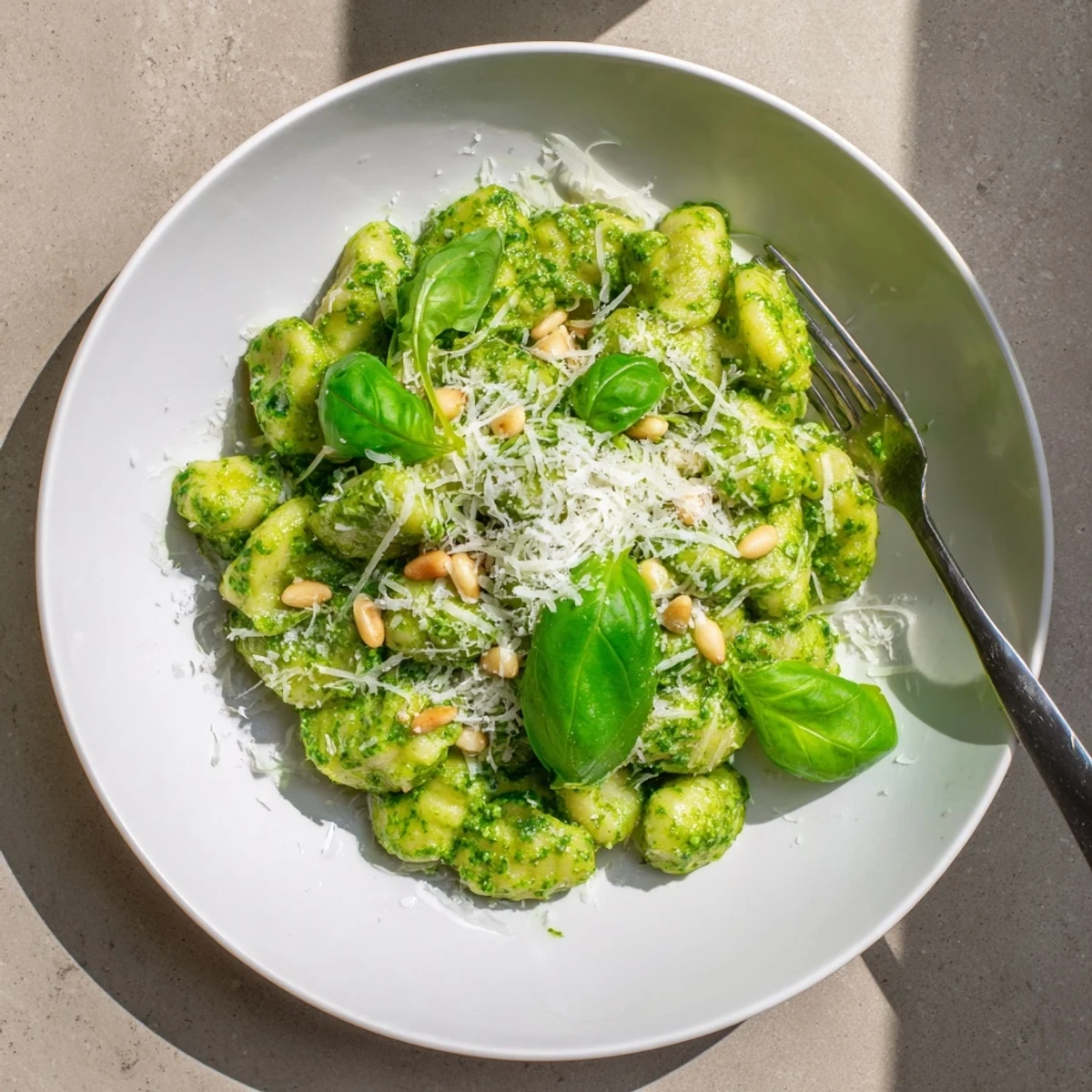 Soft homemade pesto gnocchi tossed with fresh basil and extra pine nut topping