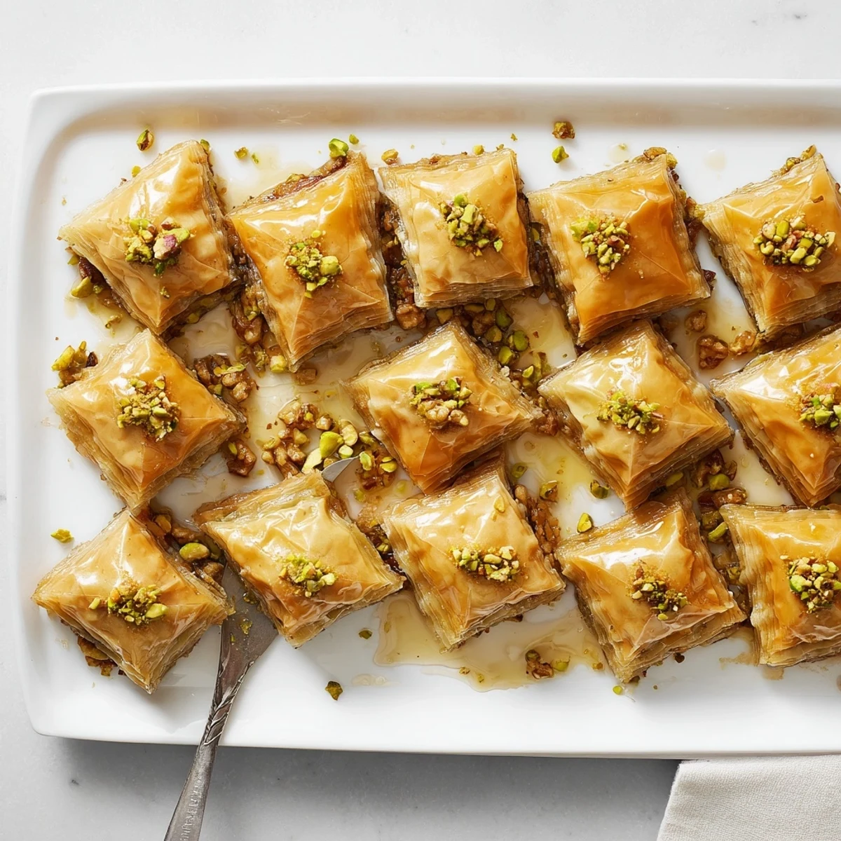 Golden baklava dessert with flaky phyllo layers and chopped walnuts, pistachios, and almonds drizzled with sweet honey syrup