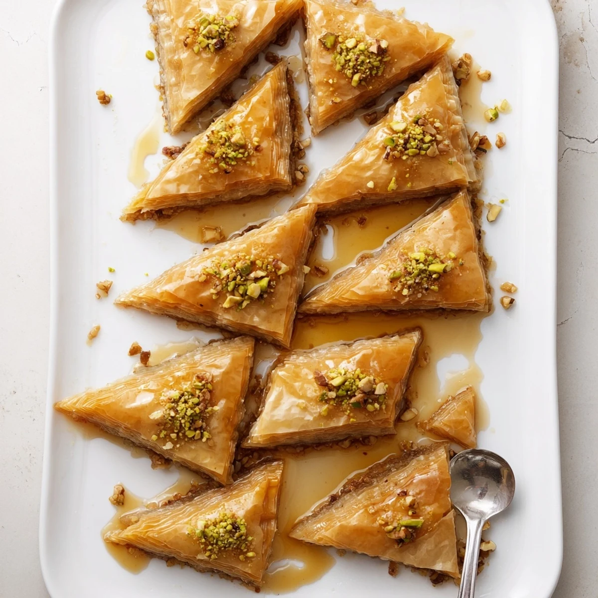 Crispy Middle Eastern baklava squares arranged on a serving platter, glistening with aromatic sugar and cinnamon syrup