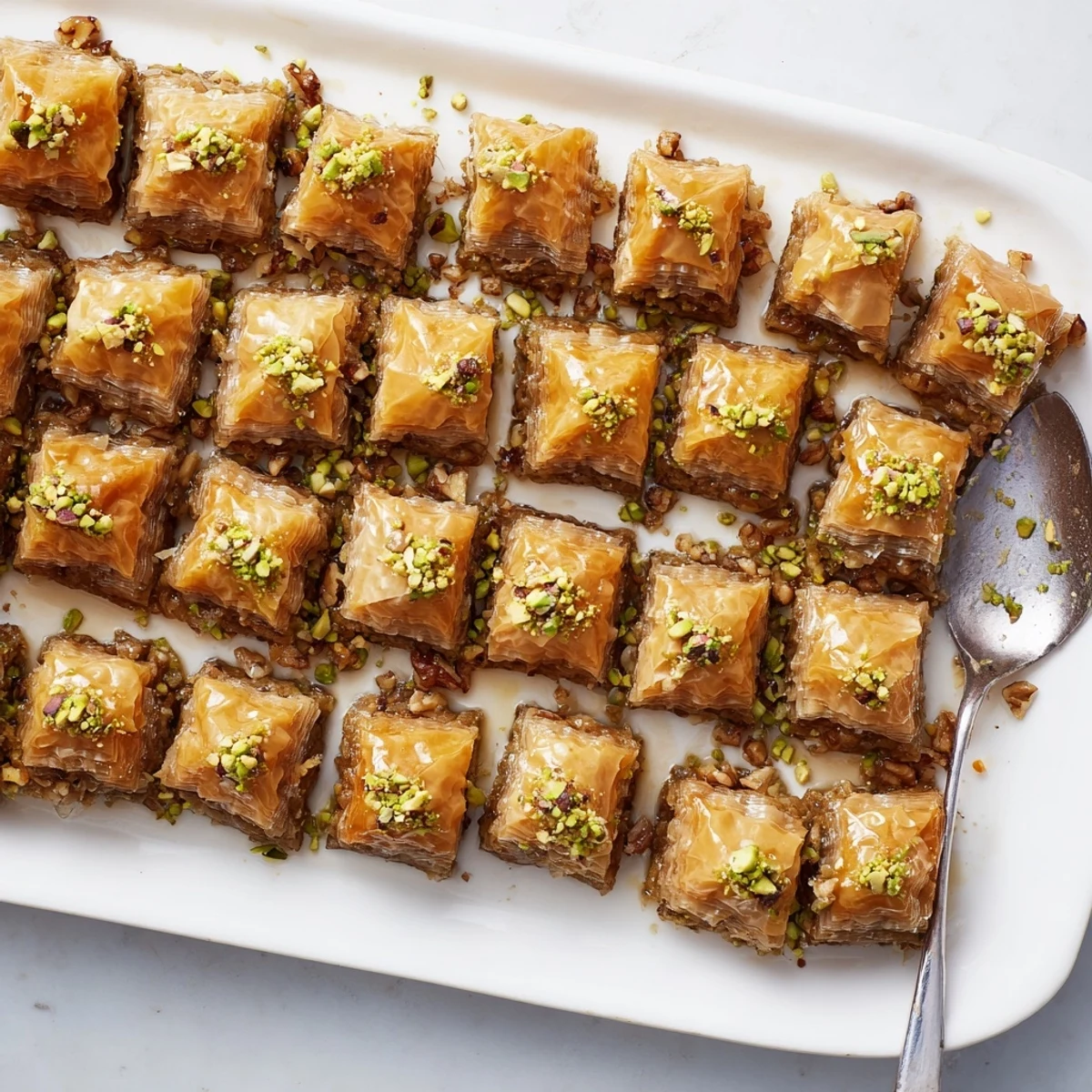 Homemade baklava featuring buttery phyllo pastry and mixed nut filling, cut into diamond shapes and soaked in citrus-spiced syrup