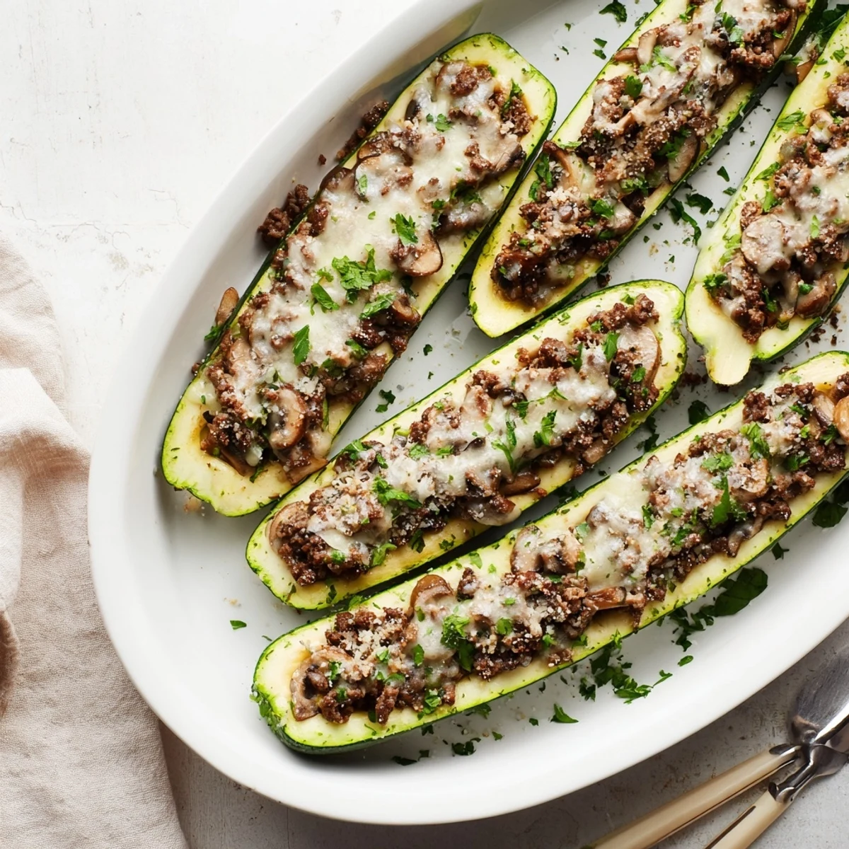 Golden beef tenderloin mushroom stuffed zucchini boats topped with melted mozzarella cheese