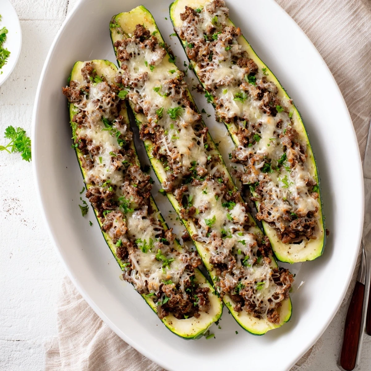 Cheesy baked zucchini boats stuffed with seasoned beef tenderloin and sautéed mushrooms