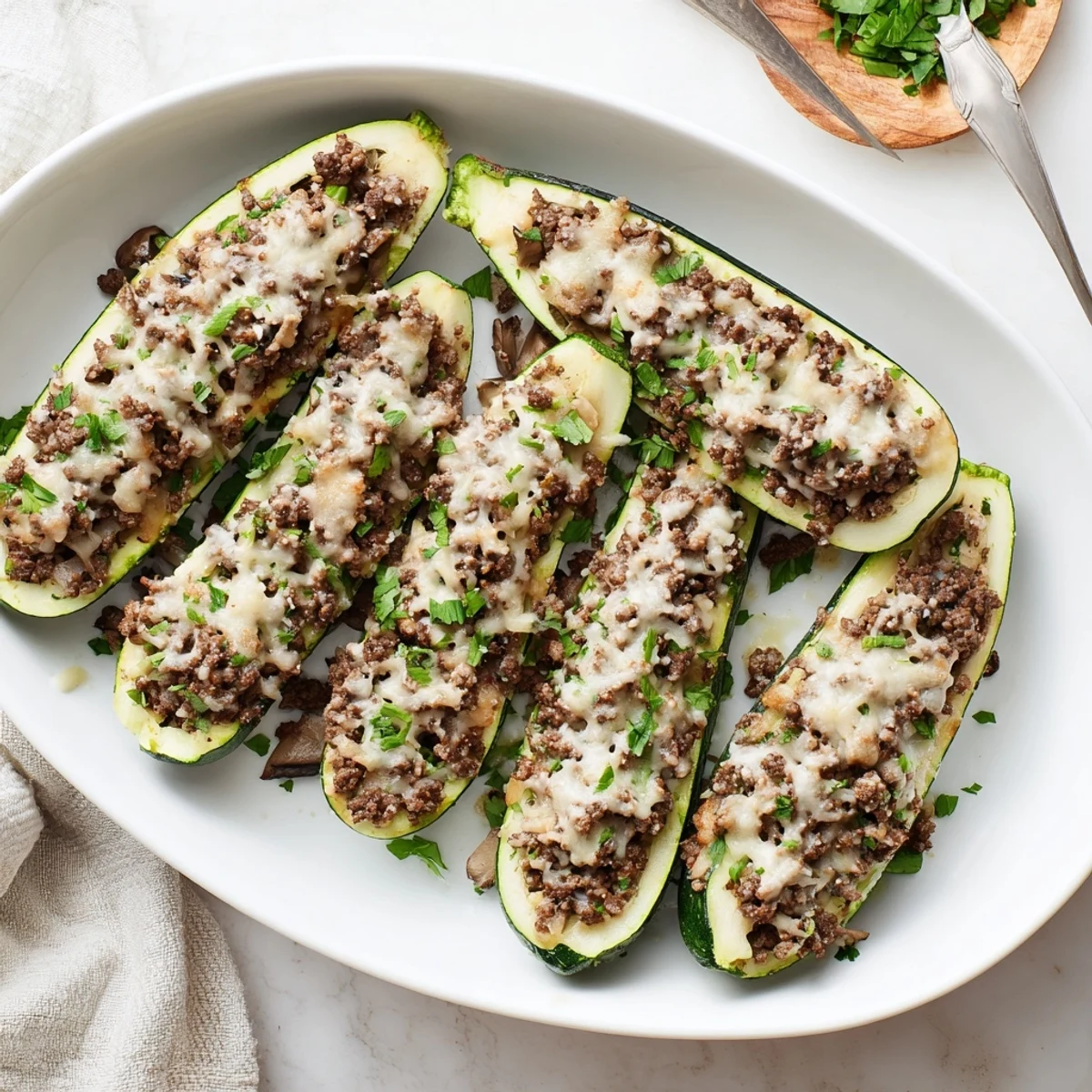 Fresh zucchini boats filled with savory beef tenderloin mushroom mixture baked until tender