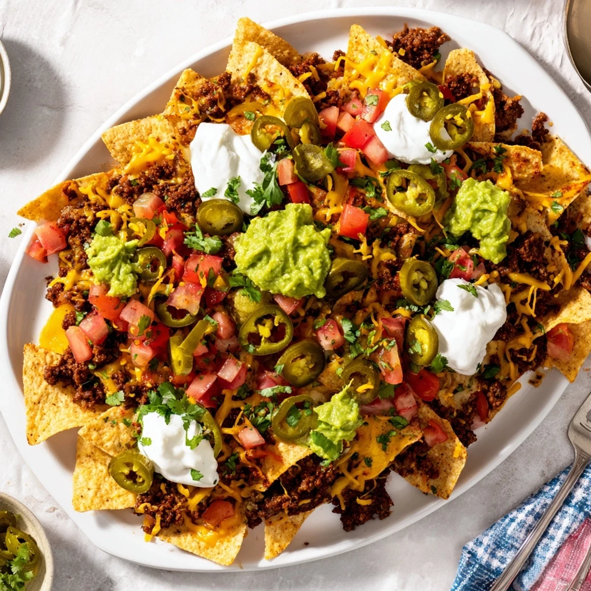 Golden tortilla chips layered with spiced ground beef and bubbling cheese for classic Texas Nachos
