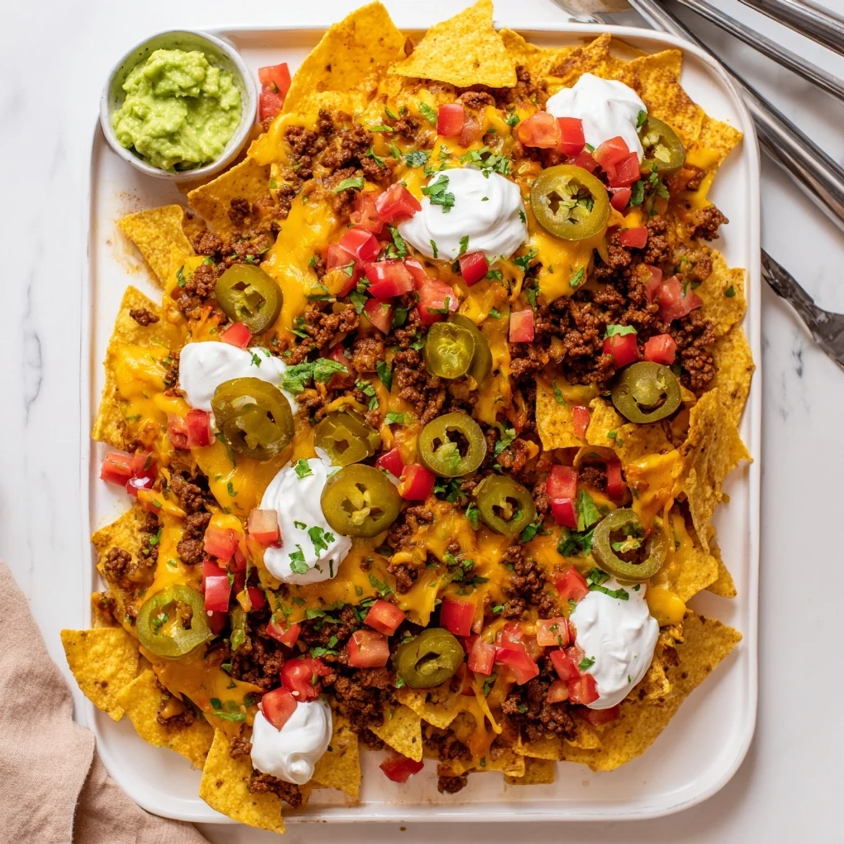 Loaded Texas Nachos piled high with seasoned beef, melted cheddar and colorful fresh toppings
