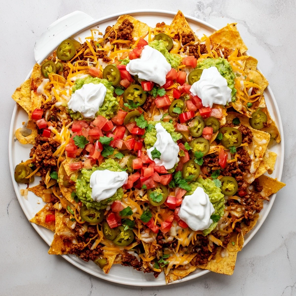 Heaping platter of Texas Nachos garnished with jalapeños, tomatoes, sour cream and fresh cilantro