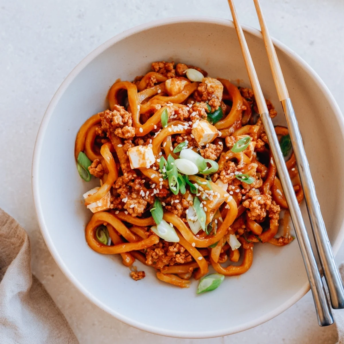 Plate of Mapo Tofu Udon featuring chewy noodles coated in savory Sichuan sauce with ground pork and sesame garnish