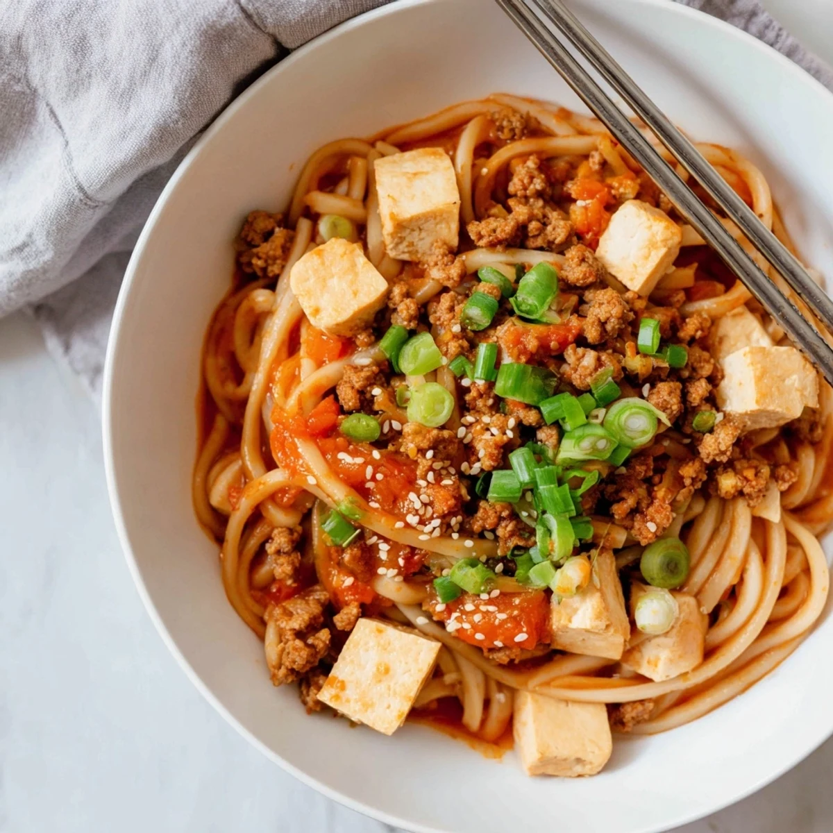 Steaming bowl of Mapo Tofu Udon with thick noodles topped in spicy red sauce and cubed soft tofu