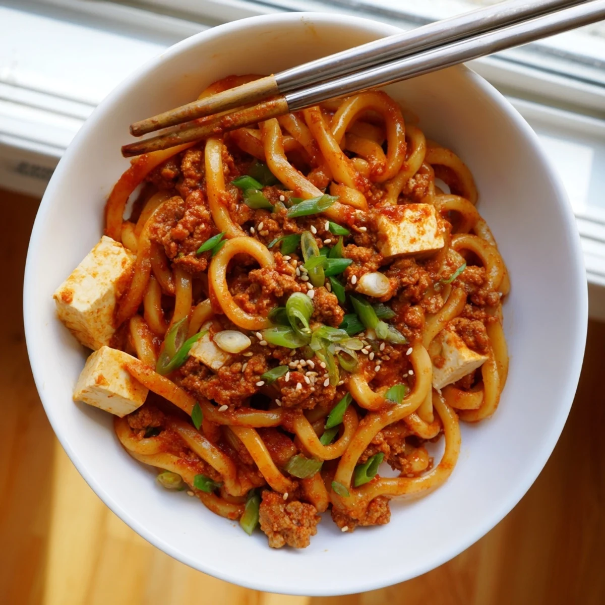 Close-up of Mapo Tofu Udon showing silky tofu cubes nestled among udon noodles in aromatic chili bean broth