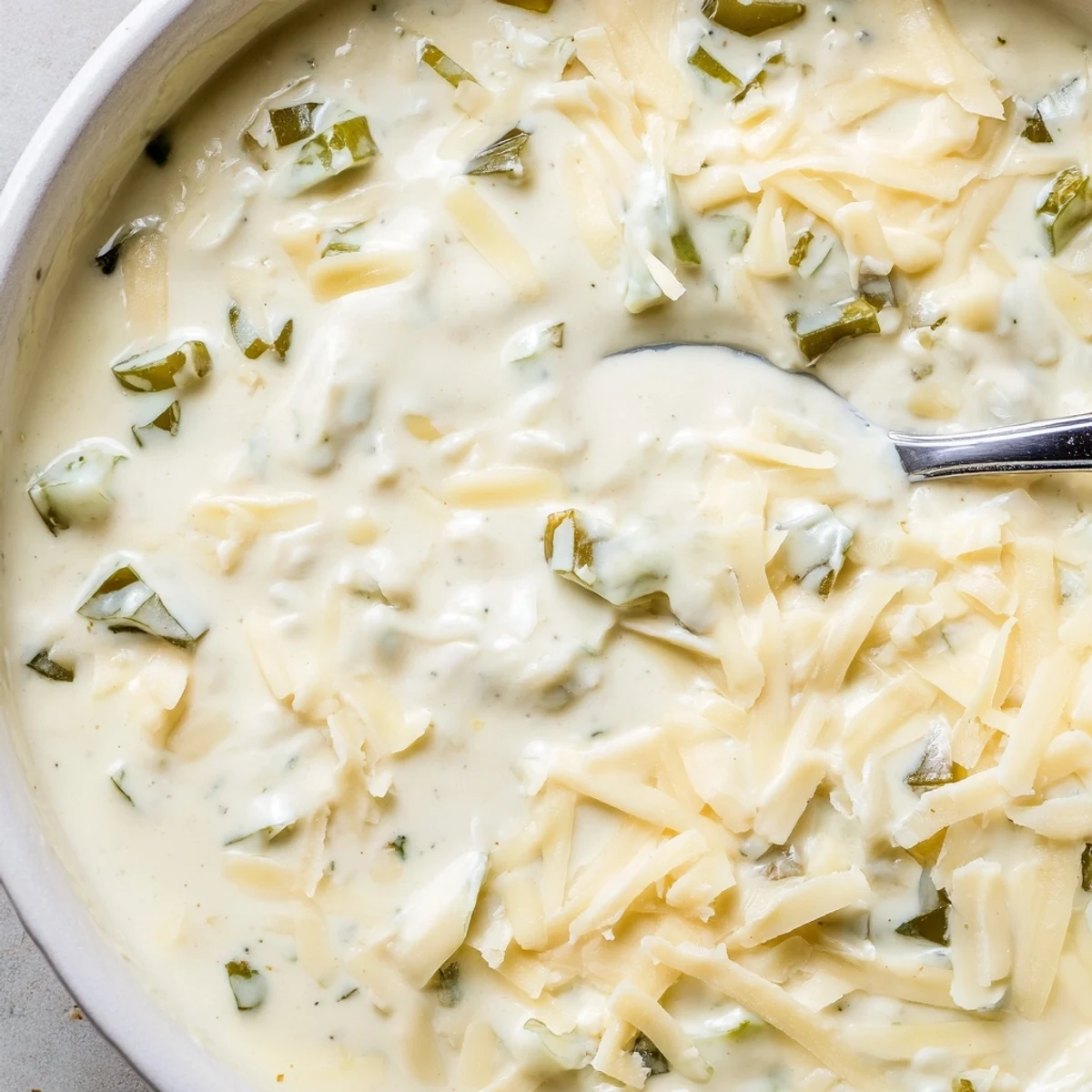 Smooth white queso dip poured generously over crispy tortilla chips for easy party dipping.