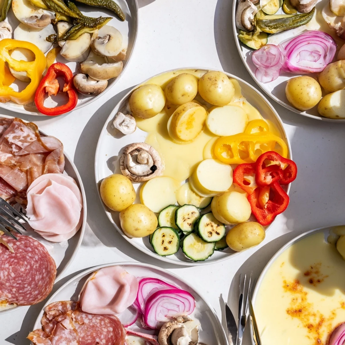 Golden melted Raclette dinner cheese bubbling over warm boiled potatoes and colorful roasted vegetables on a wooden platter