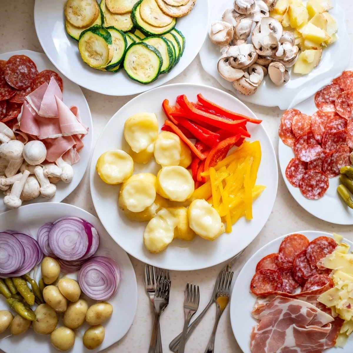 Festive Raclette dinner spread featuring creamy Swiss cheese melted alongside pickled cornichons, charcuterie meats, and fresh bell peppers