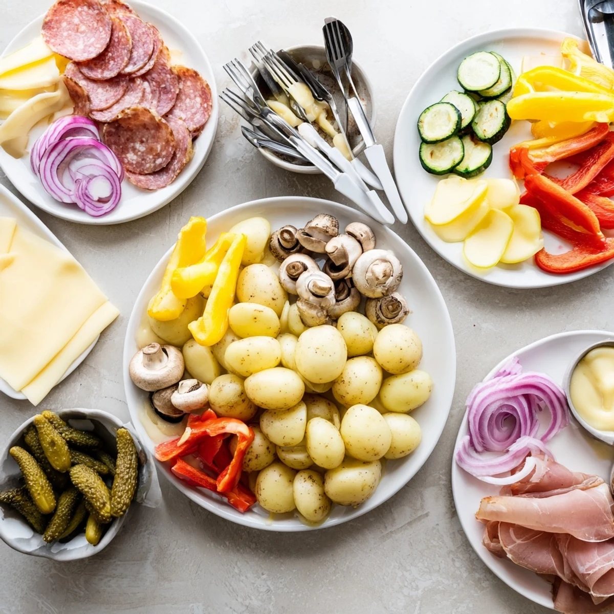 Tabletop Raclette dinner grill with individual pans of melting cheese served over tender potatoes for an interactive Swiss meal
