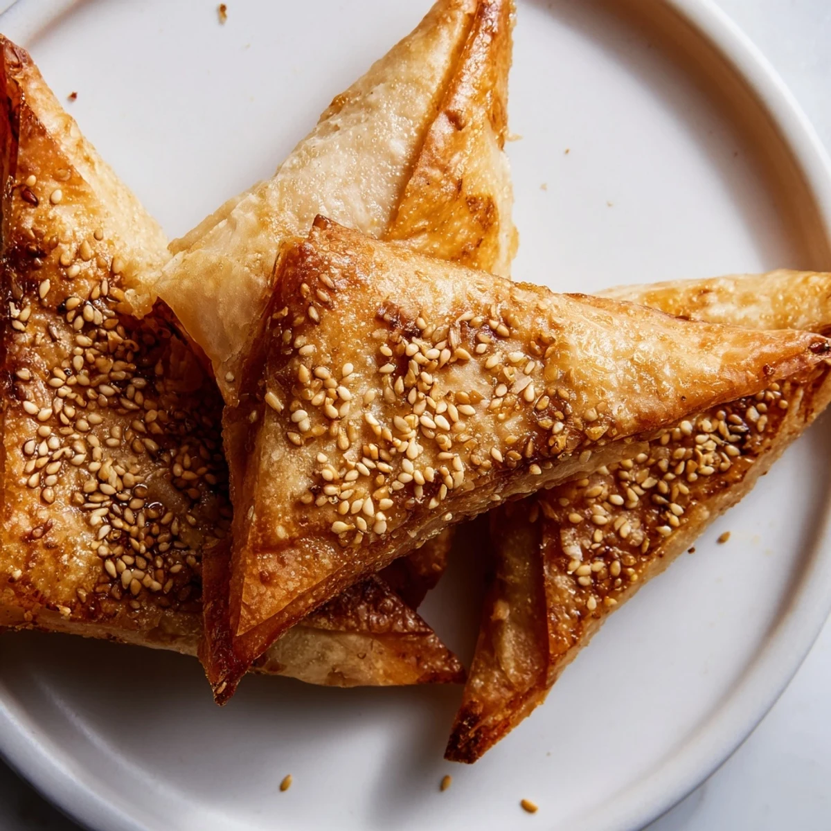 Golden brown Moroccan spiced chicken briouats with crispy phyllo pastry and aromatic herbs