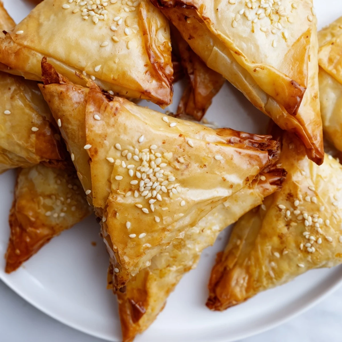 Crispy triangle-shaped chicken briouats filled with savory spiced meat and fresh cilantro parsley