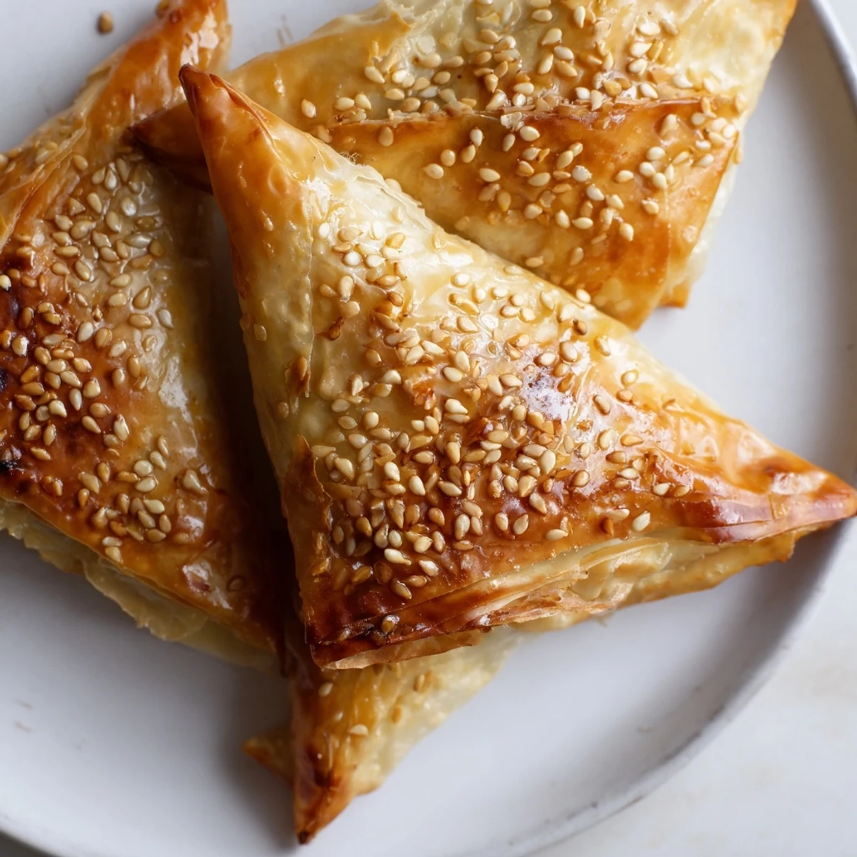 Moroccan appetizer of golden fried chicken briouats sprinkled with sesame seeds on plate