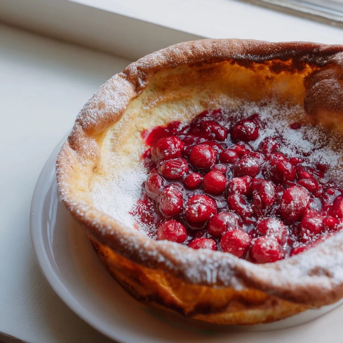 Golden Dutch baby pancake with cranberry compote drizzled over the puffy center