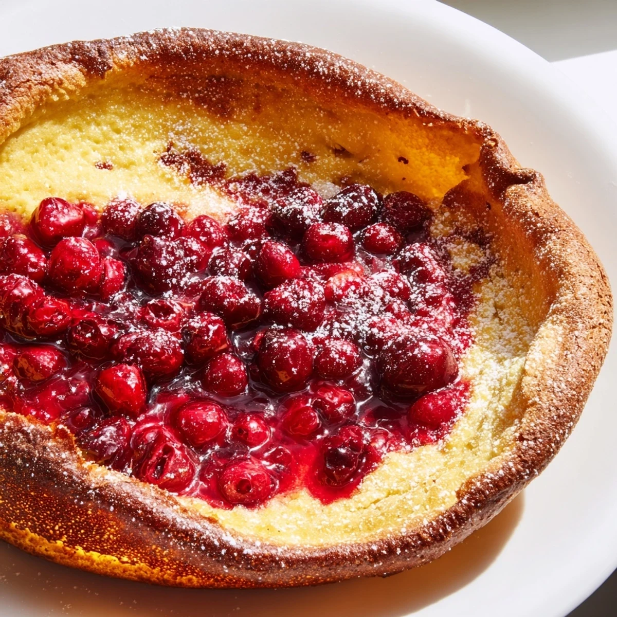 Fluffy oven-baked Dutch baby topped with tangy cranberry sauce and powdered sugar