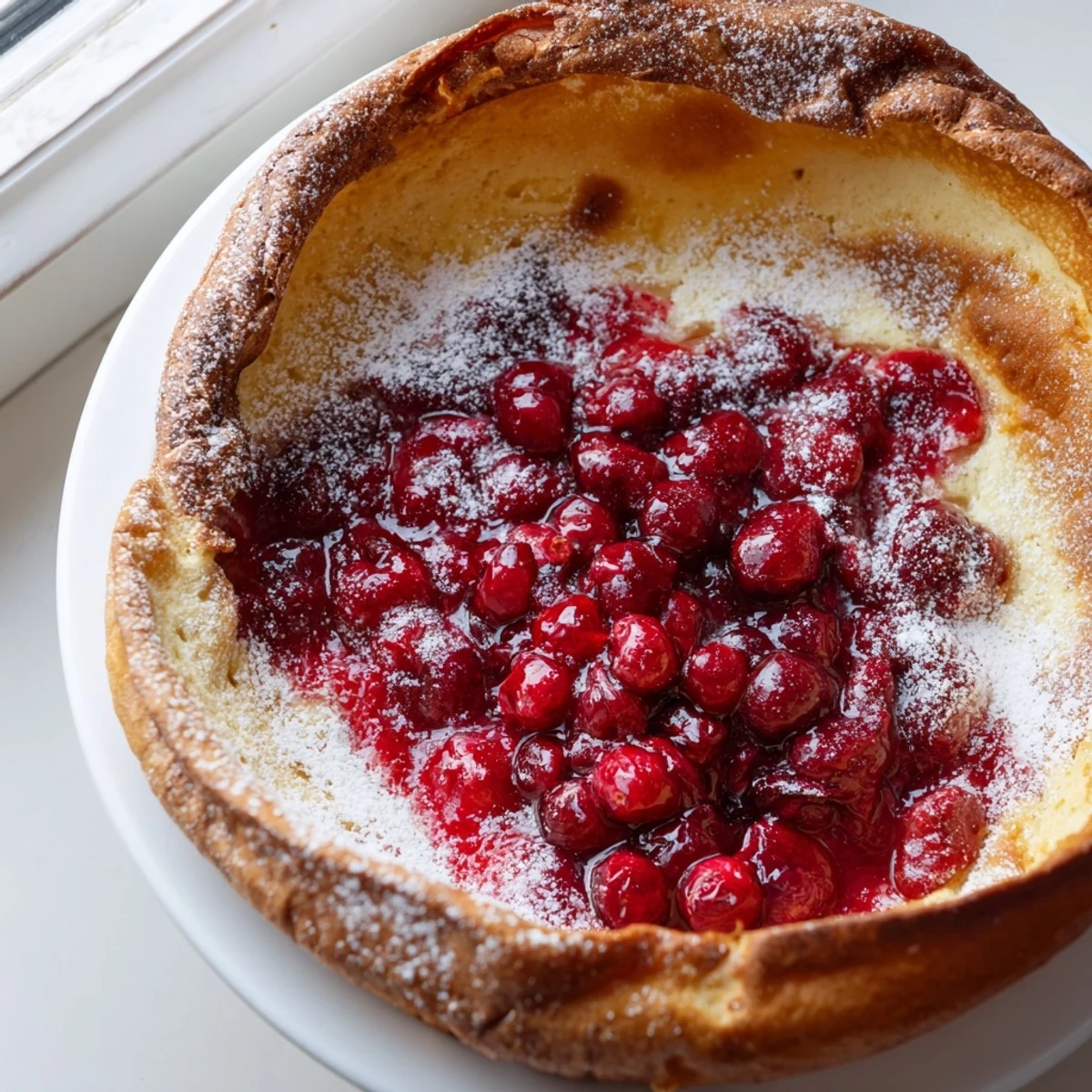 Puffed Dutch baby pancake served warm with vibrant red cranberry compote topping