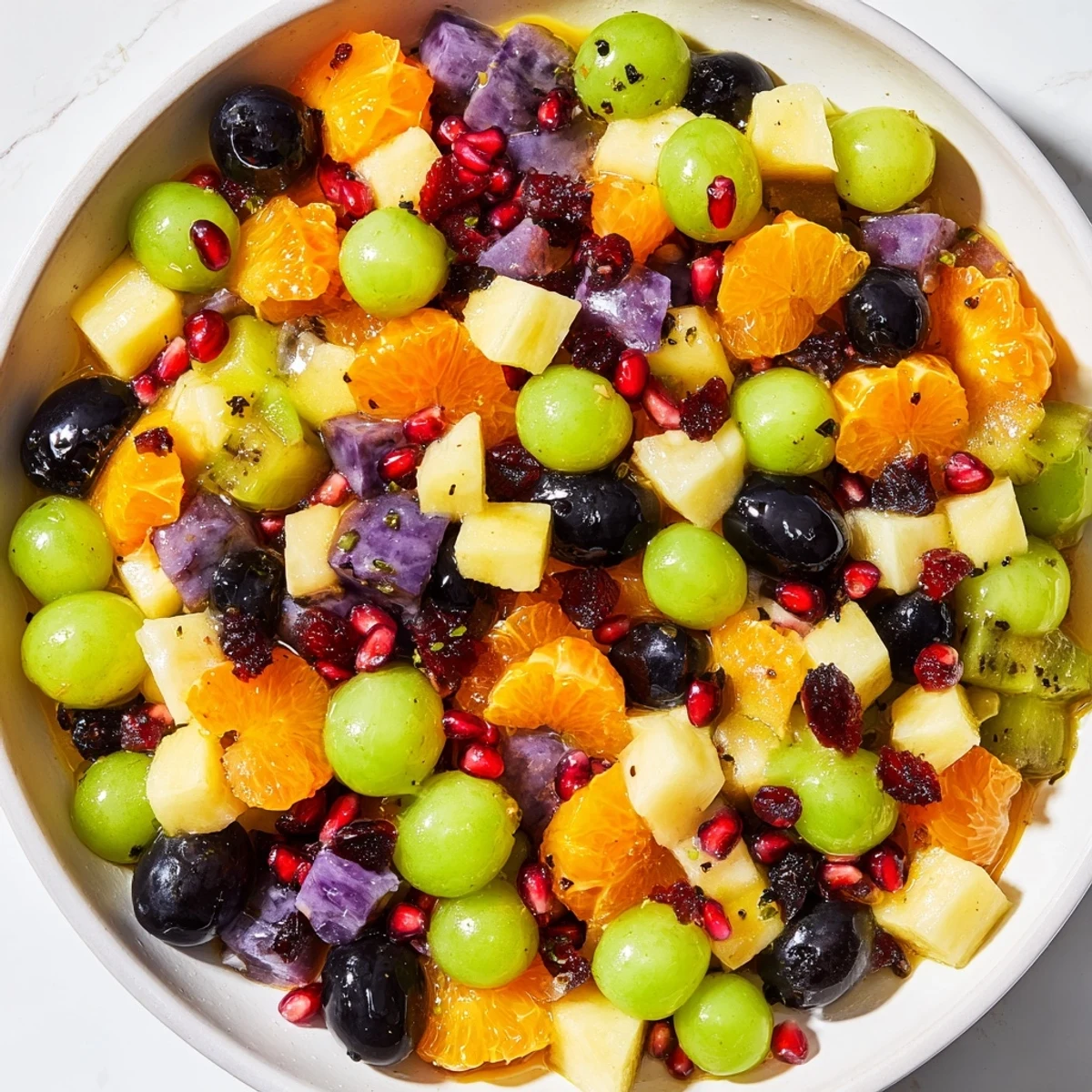 Spooky themed fruit salad bowl featuring mandarin oranges, pineapple, and melon with sweet citrus glaze