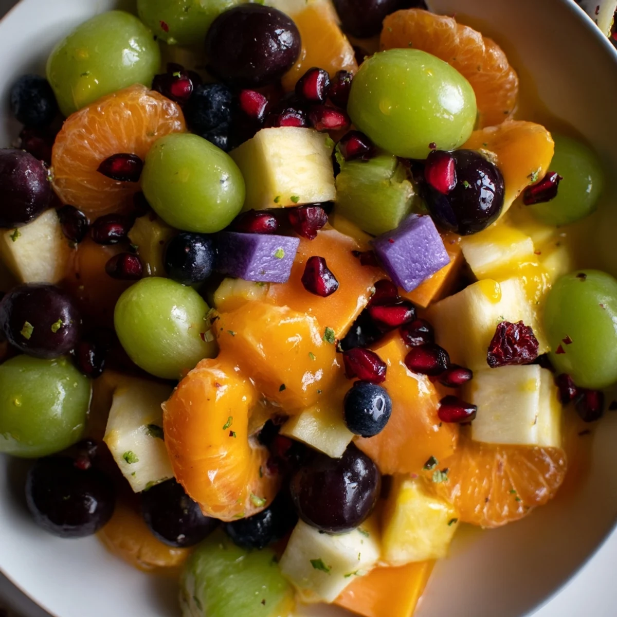 Colorful Halloween fruit salad with green grapes, black grapes, and pomegranate seeds in honey-orange dressing
