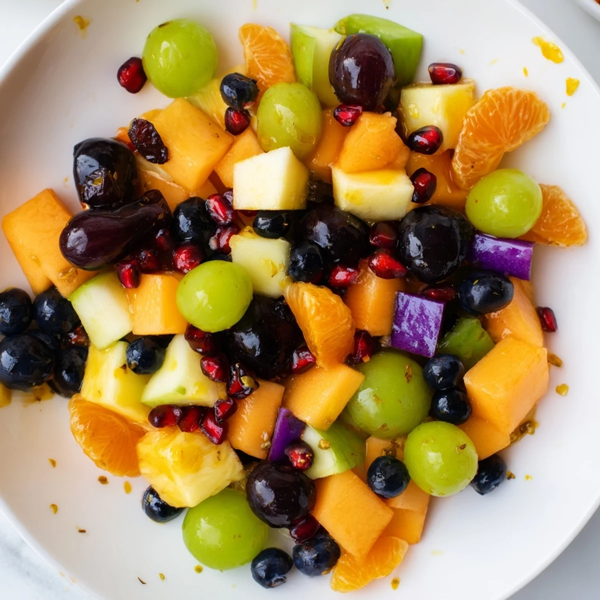 Vibrant healthy Halloween dessert with fresh seasonal fruits, blueberries, and honey orange dressing topping