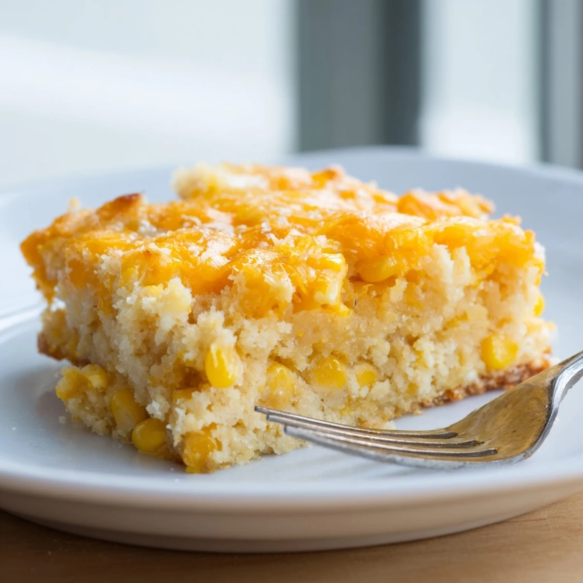 Golden brown classic Jiffy corn casserole with a creamy, spoonable texture baked to perfection