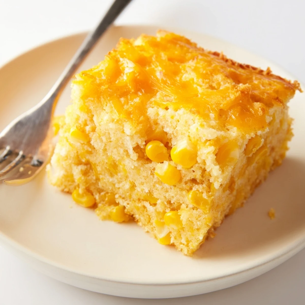 Creamy homemade classic Jiffy corn casserole topped with melted cheddar cheese in a serving dish