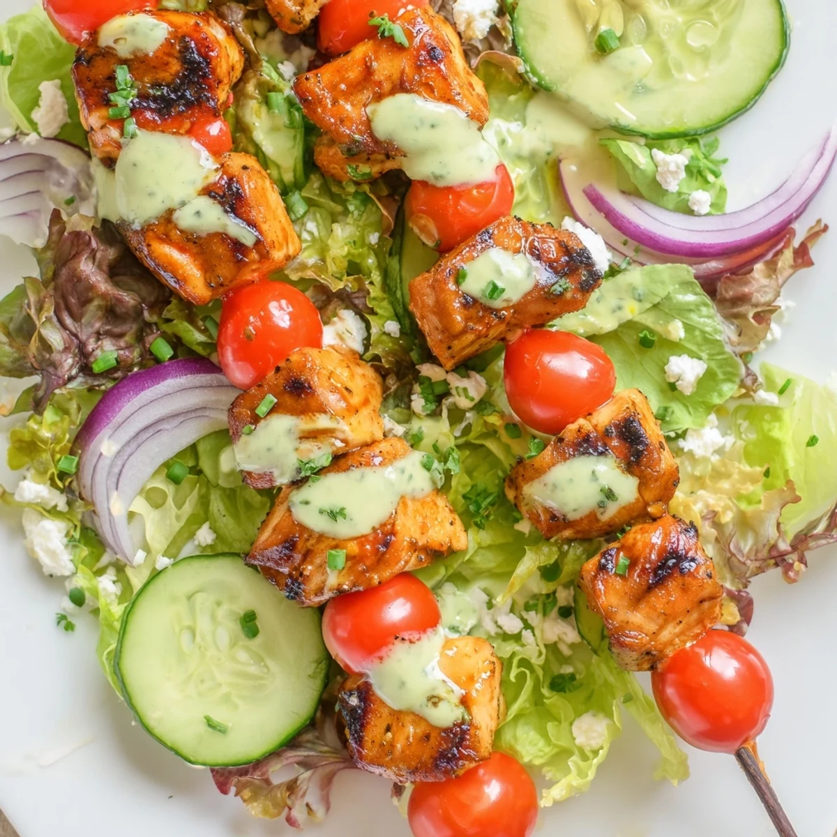 Vibrant summer plate featuring charred BBQ chicken skewers resting on crisp lettuce, cucumbers, avocado, and tangy feta cheese