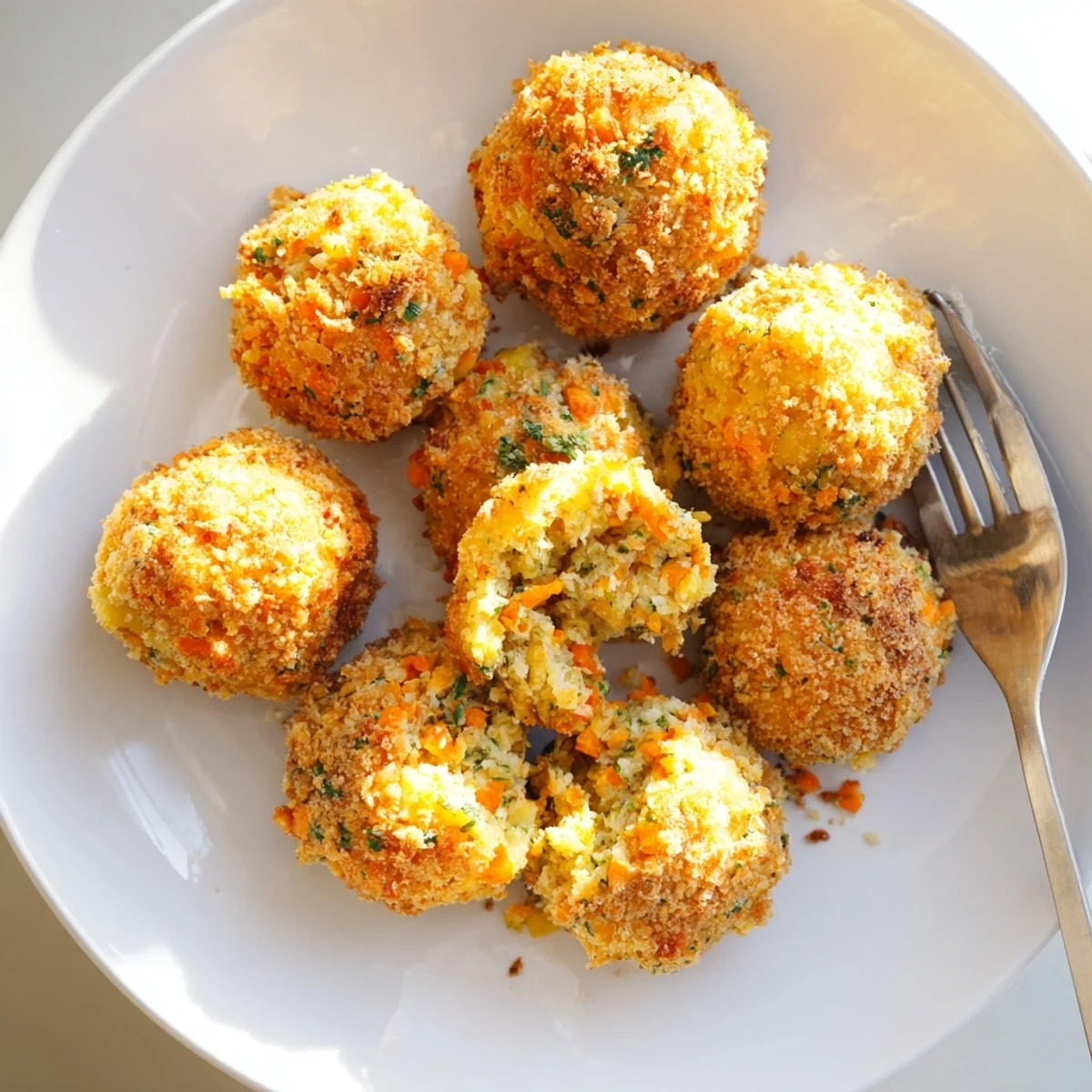 Golden crispy cornbread dressing balls served on a white platter with fresh parsley garnish