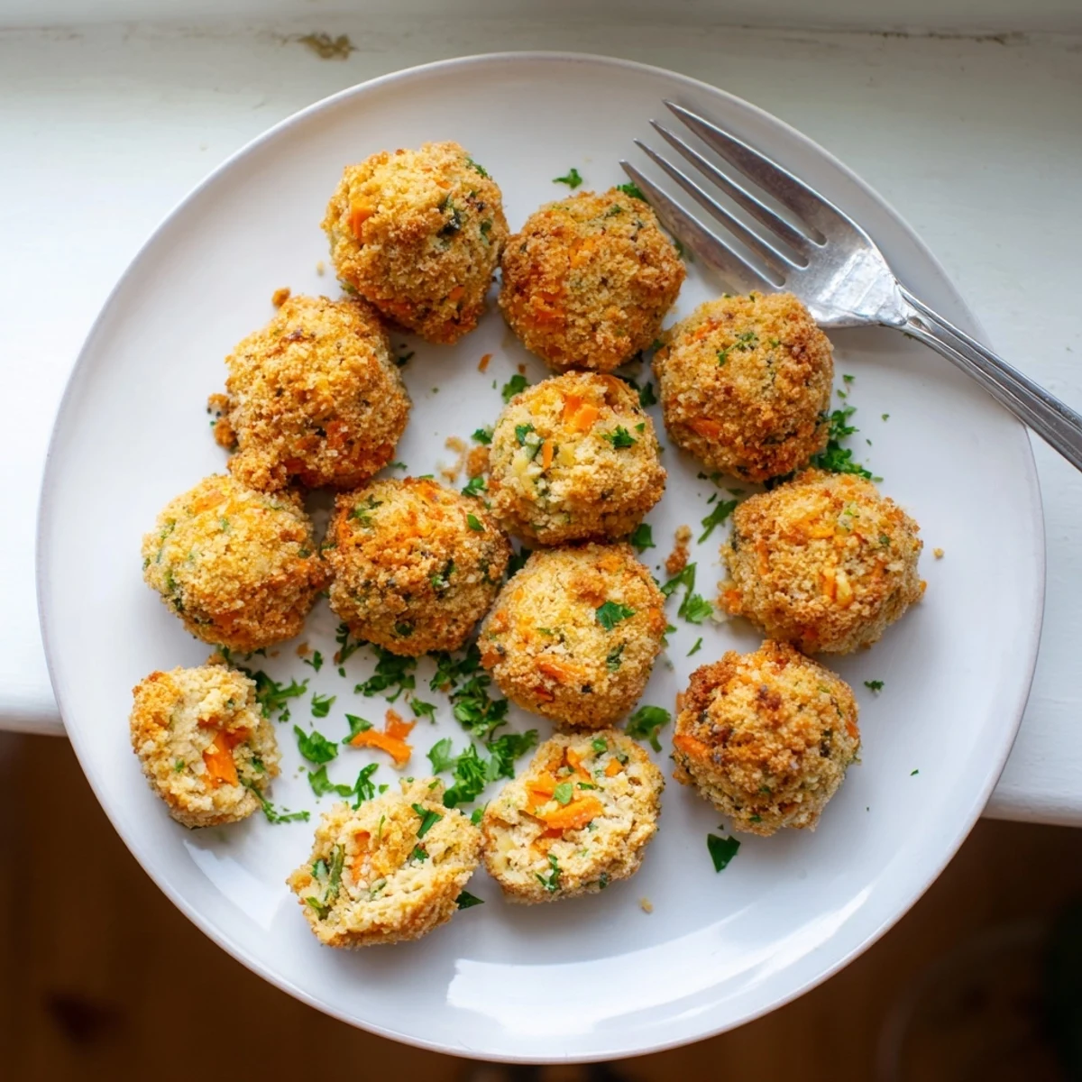 Plate of golden brown cornbread dressing balls perfect for Thanksgiving or holiday appetizers