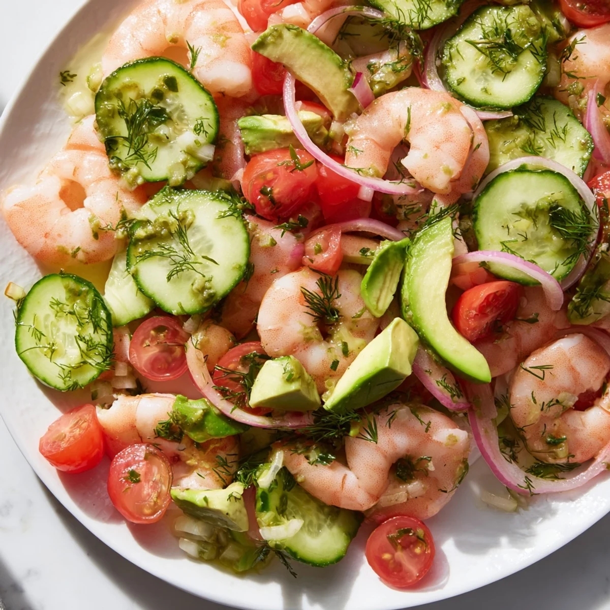 Fresh cucumber shrimp salad with avocado, cherry tomatoes and herbs in a citrus dressing