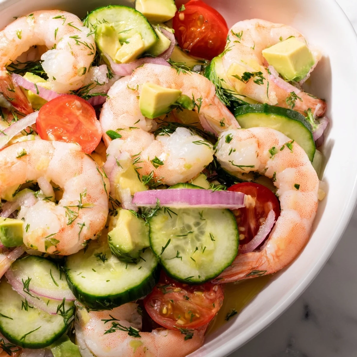 Crisp cucumber and succulent shrimp salad bowl with dill, parsley and zesty lemon dressing