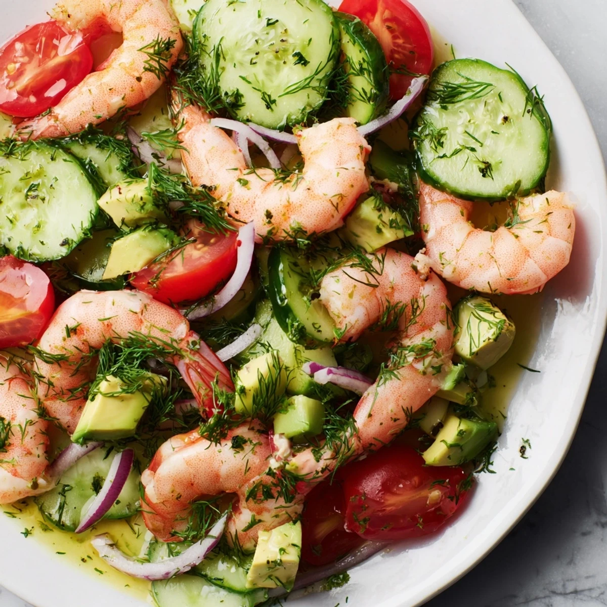 Vibrant cucumber shrimp salad featuring red onion, avocado chunks and tangy citrus vinaigrette